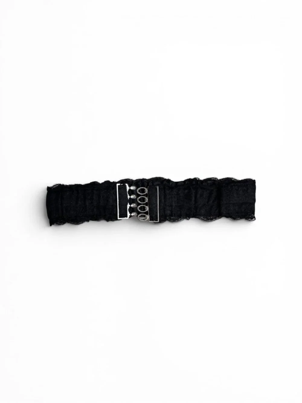 Women's Wide Black Lace Elastic Waist Belt with Silver Interlocking Buckle (A1)